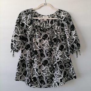 Ann Taylor Loft Womens Black Round Neck Puff Sleeve Floral Blouse Top Size MP